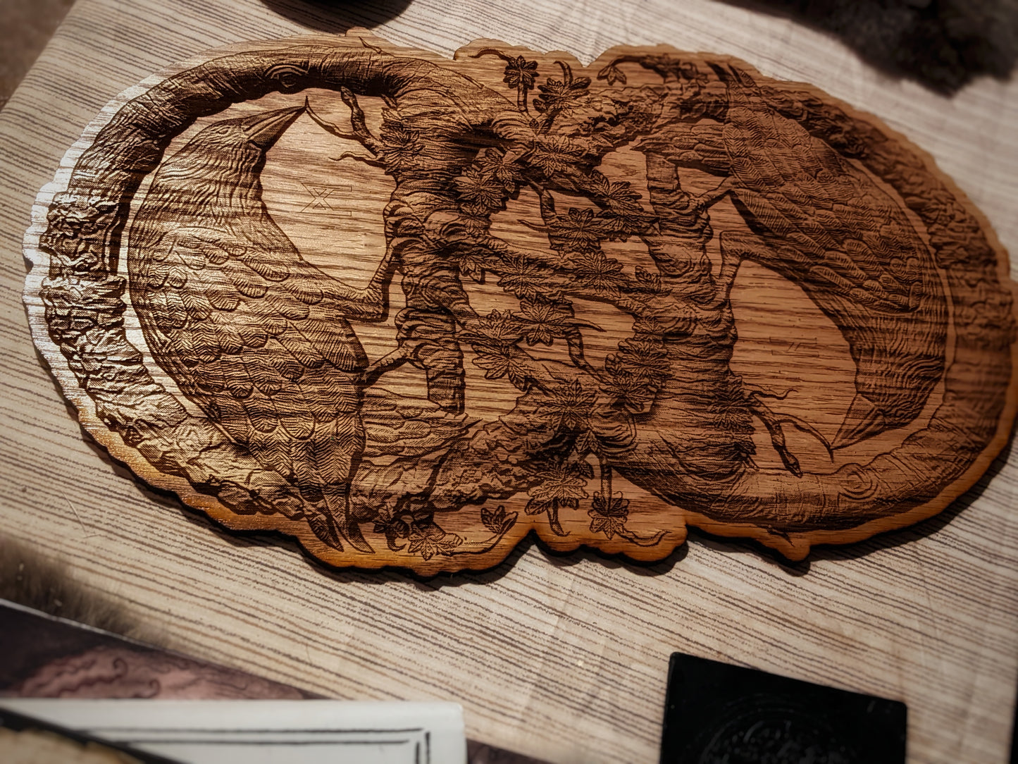 17.5" x 10.75" (44.45cm x 27) Huginn + Muninn Odin's Ravens Oak Engraved Wall Hanging | Norse Pagan | Asatru Altar Plate