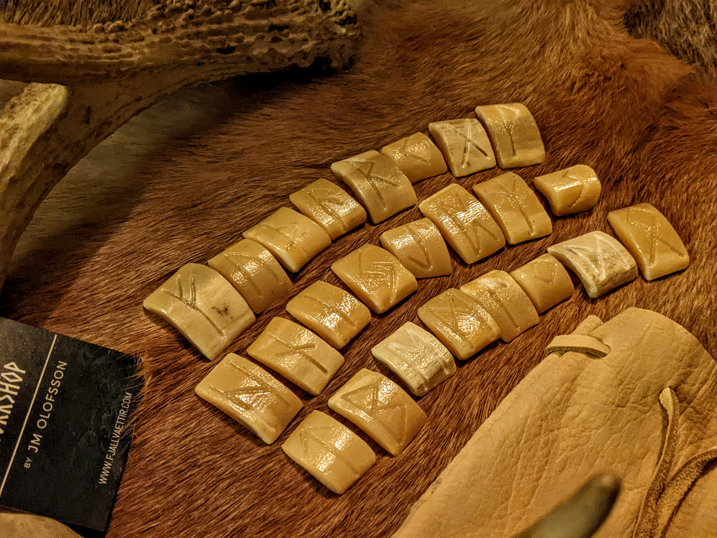 Engraved Elder Futhark Elk Bone Rune Set of 24 With Bison Leather Bag