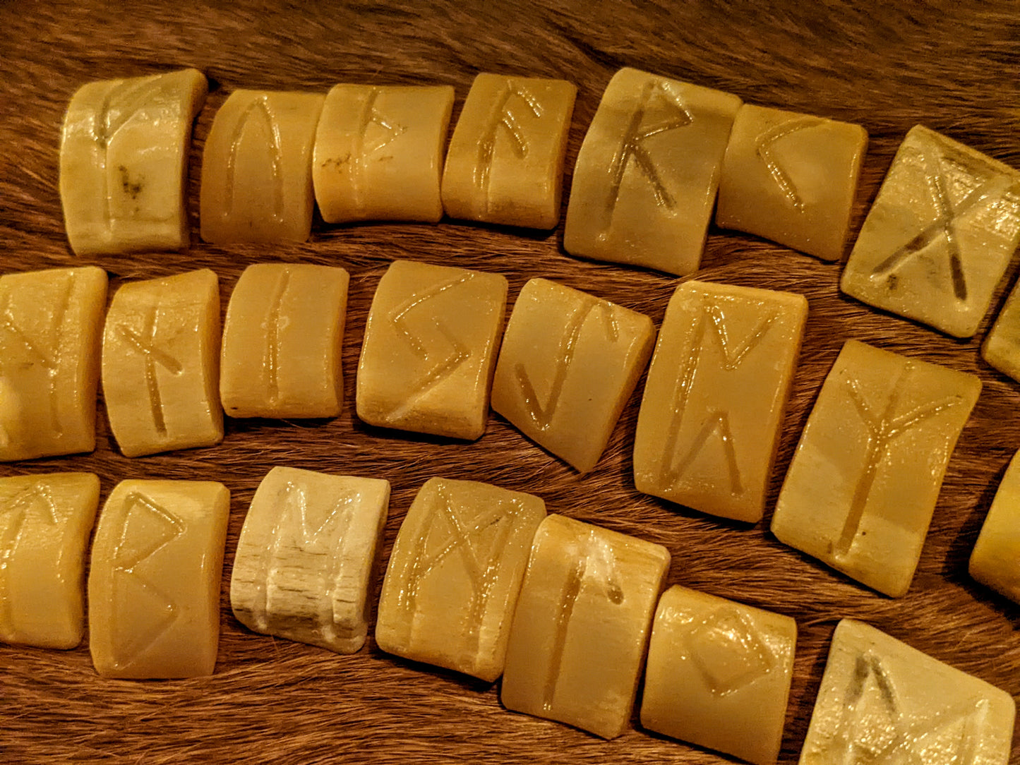 Engraved Elder Futhark Elk Bone Rune Set of 24 With Bison Leather Bag