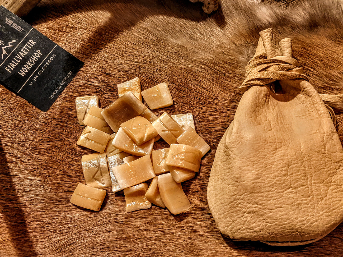 Engraved Elder Futhark Elk Bone Rune Set of 24 With Bison Leather Bag