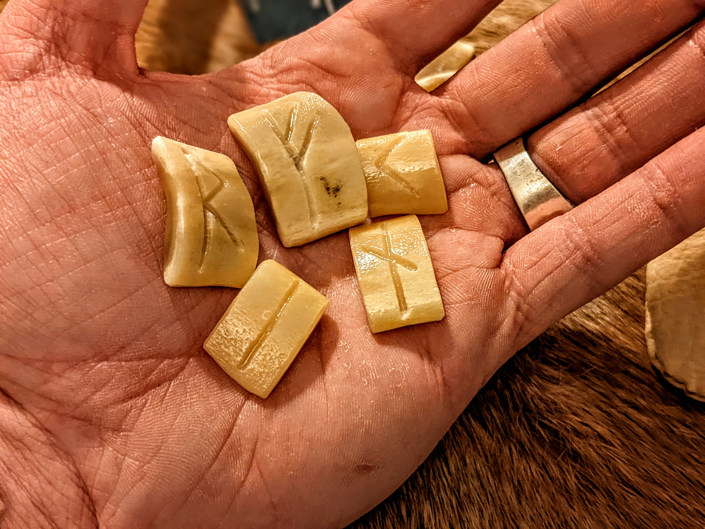 Engraved Elder Futhark Elk Bone Rune Set of 24 With Bison Leather Bag