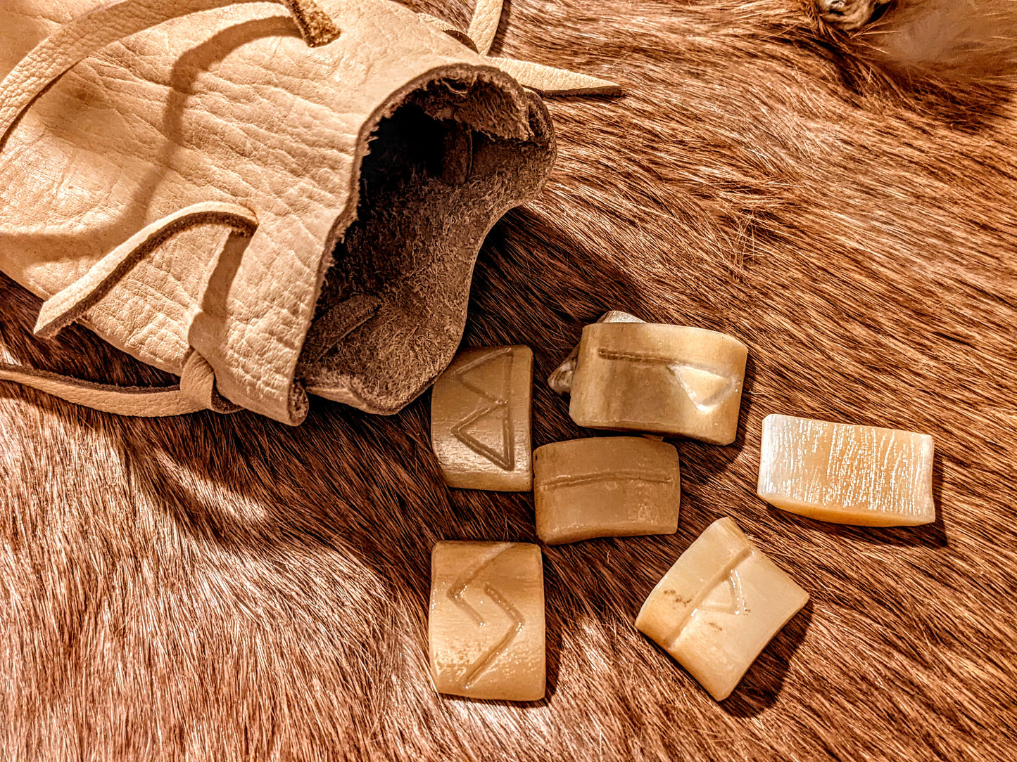 Engraved Elder Futhark Elk Bone Rune Set of 24 With Bison Leather Bag