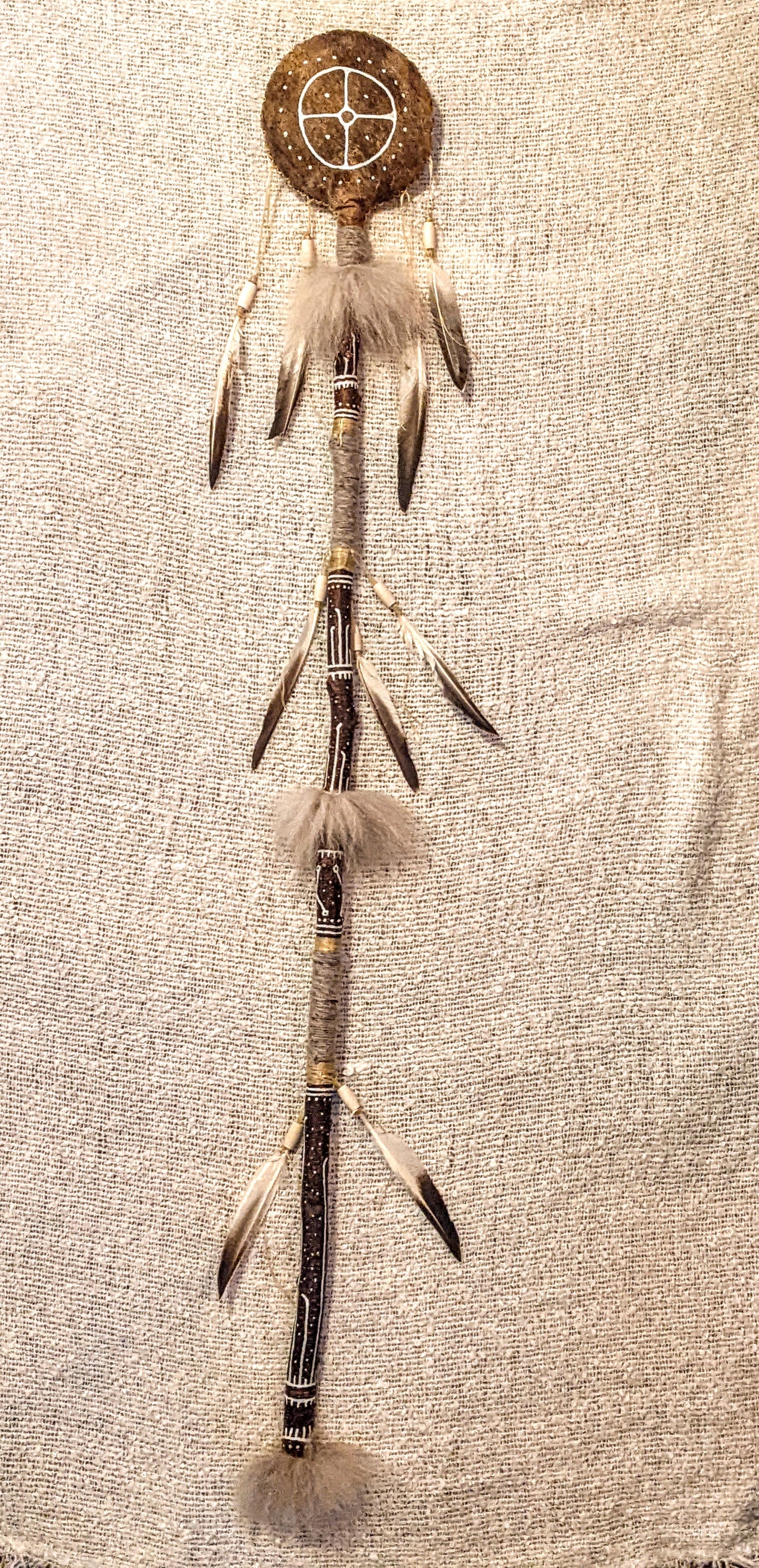 55" Tall Níufiðri "Nine-Feathers" Shaman Rattle | Wolf Fur | Bear Hide | Elk Bone