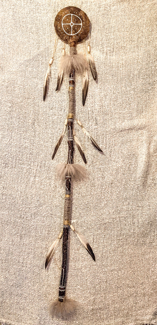 55" Tall Níufiðri "Nine-Feathers" Shaman Rattle | Wolf Fur | Bear Hide | Elk Bone