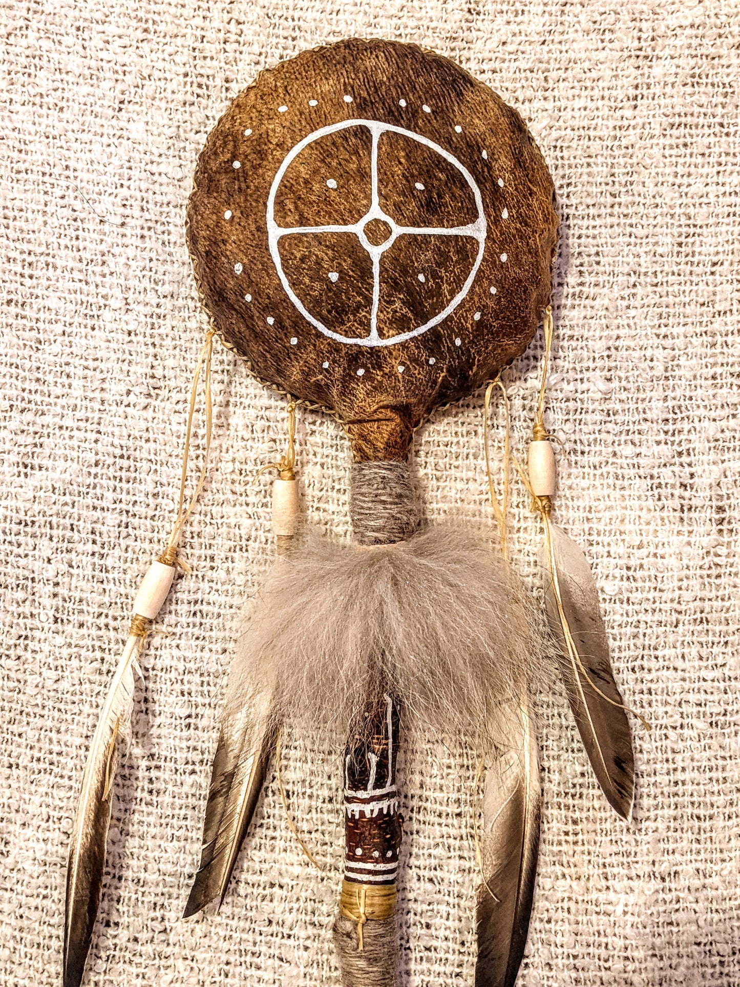 55" Tall Níufiðri "Nine-Feathers" Shaman Rattle | Wolf Fur | Bear Hide | Elk Bone
