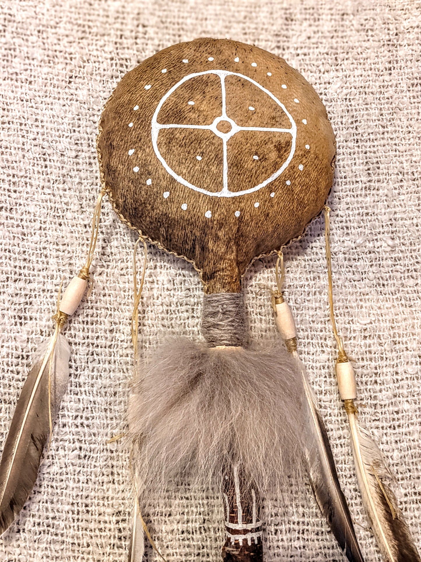 55" Tall Níufiðri "Nine-Feathers" Shaman Rattle | Wolf Fur | Bear Hide | Elk Bone