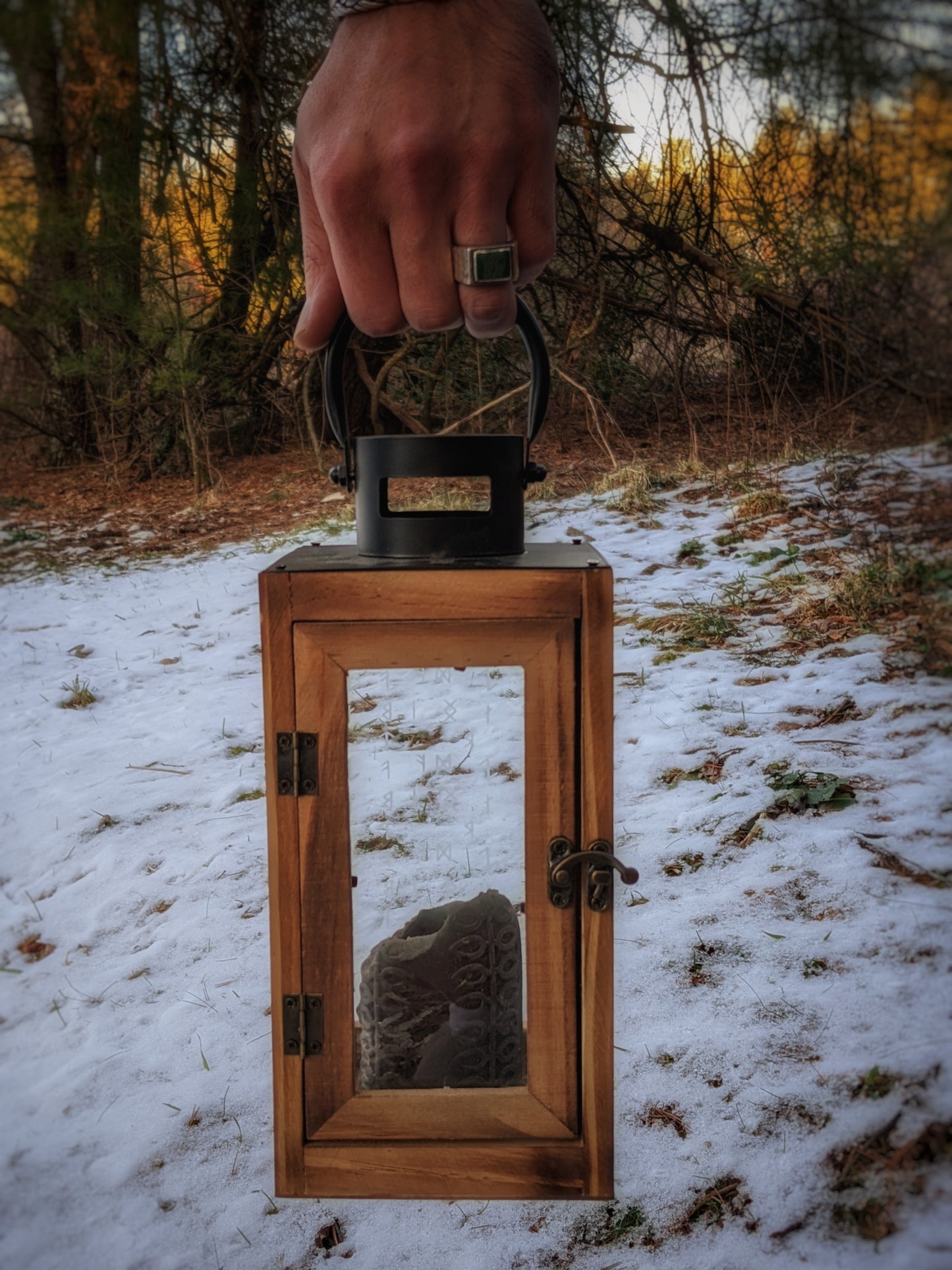 Engraved Glass Wood & Iron Rune Lantern