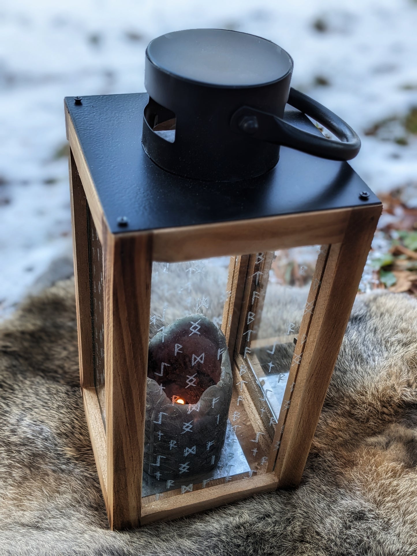 Engraved Glass Wood & Iron Rune Lantern