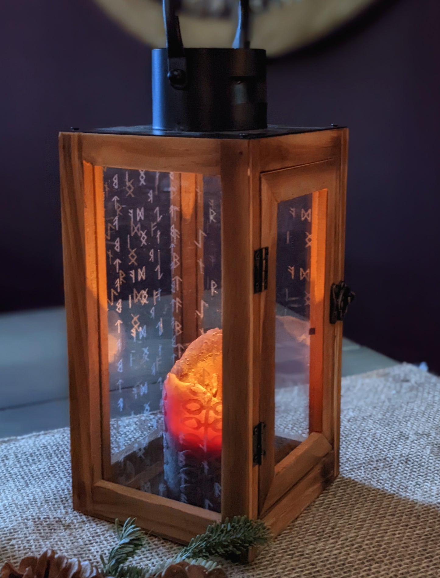 Engraved Glass Wood & Iron Rune Lantern