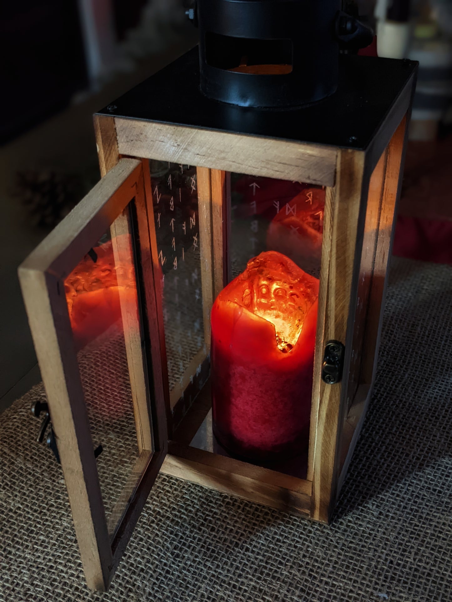 Engraved Glass Wood & Iron Rune Lantern