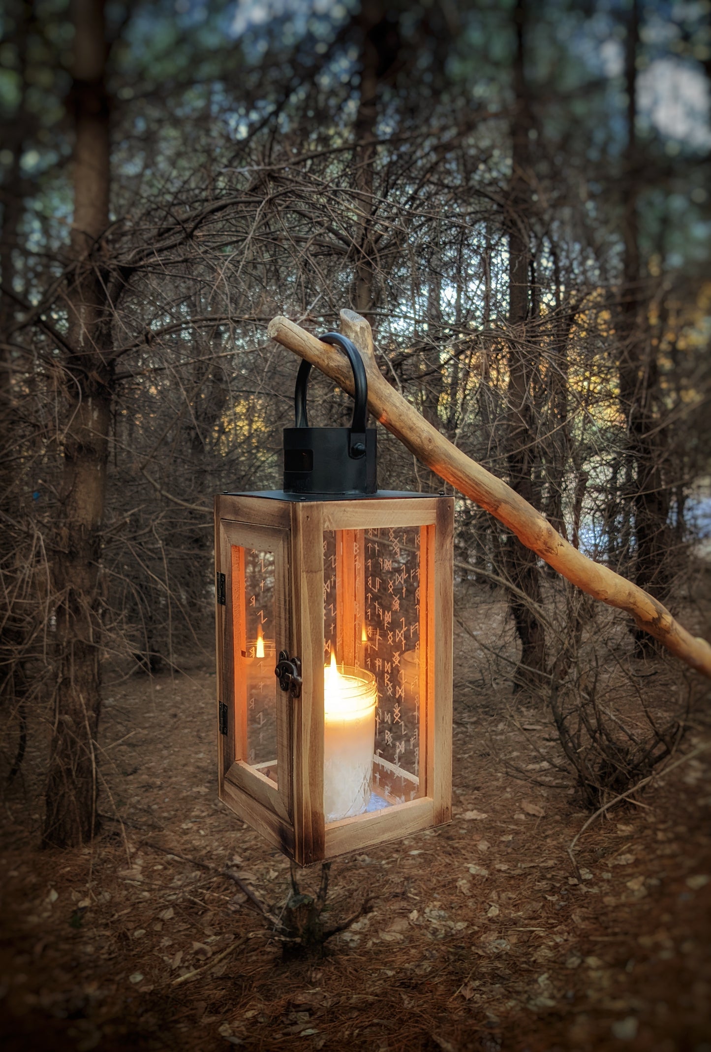 Engraved Glass Wood & Iron Rune Lantern