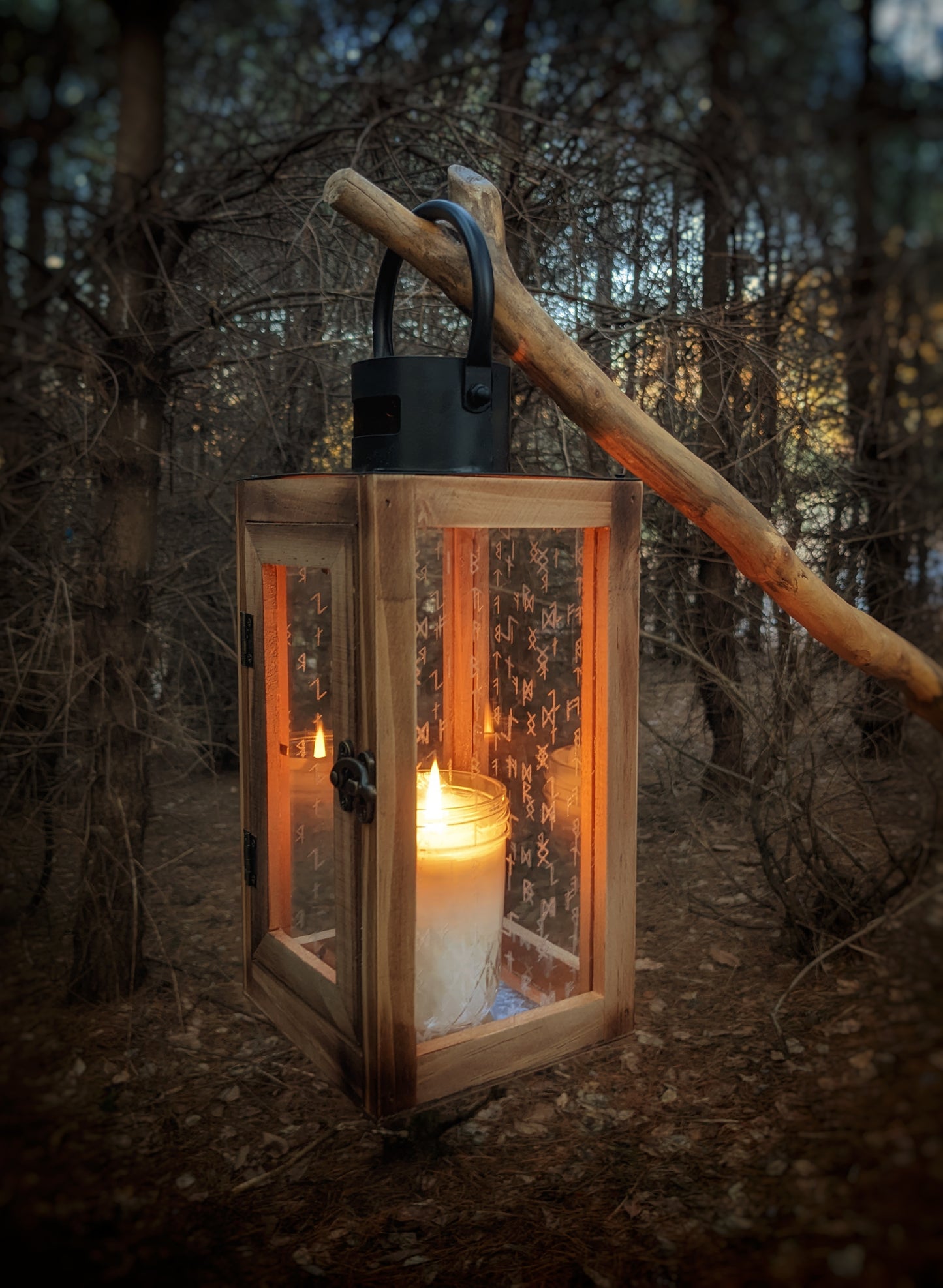 Engraved Glass Wood & Iron Rune Lantern