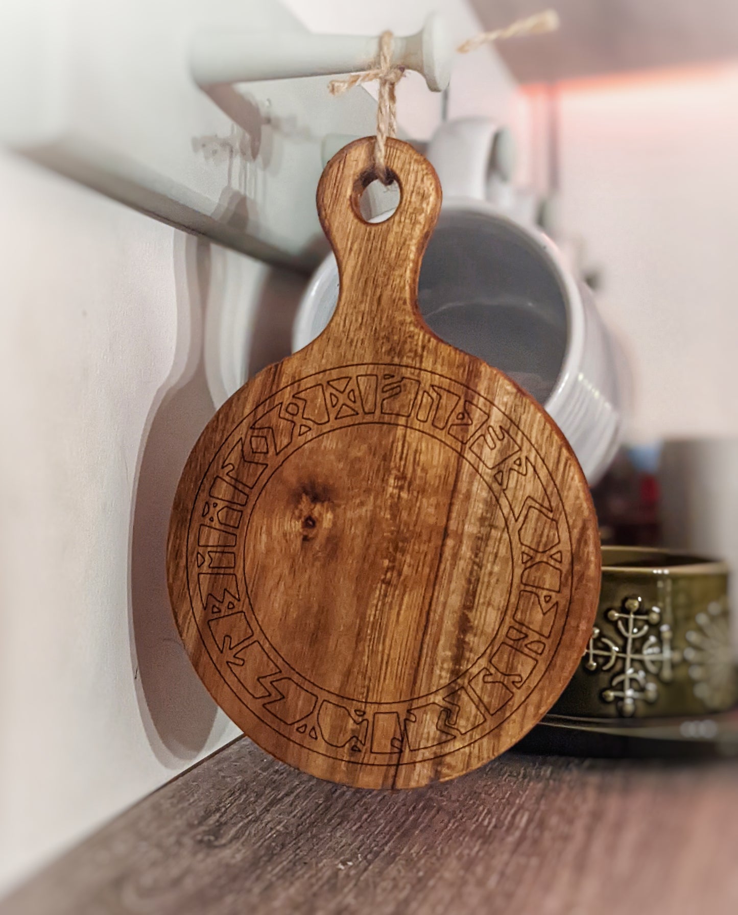 7 Inch Circle Acacia Wood Cutting Board | Elder Futhark Runes