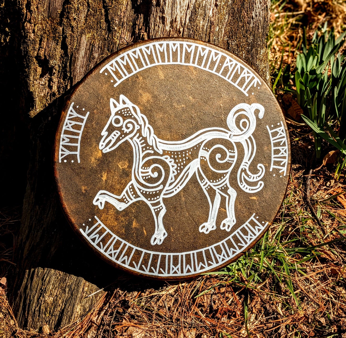12" Horse Hide Bäckahästen Drum | Horse Hide Drum | Elder Futhark Rune Drum