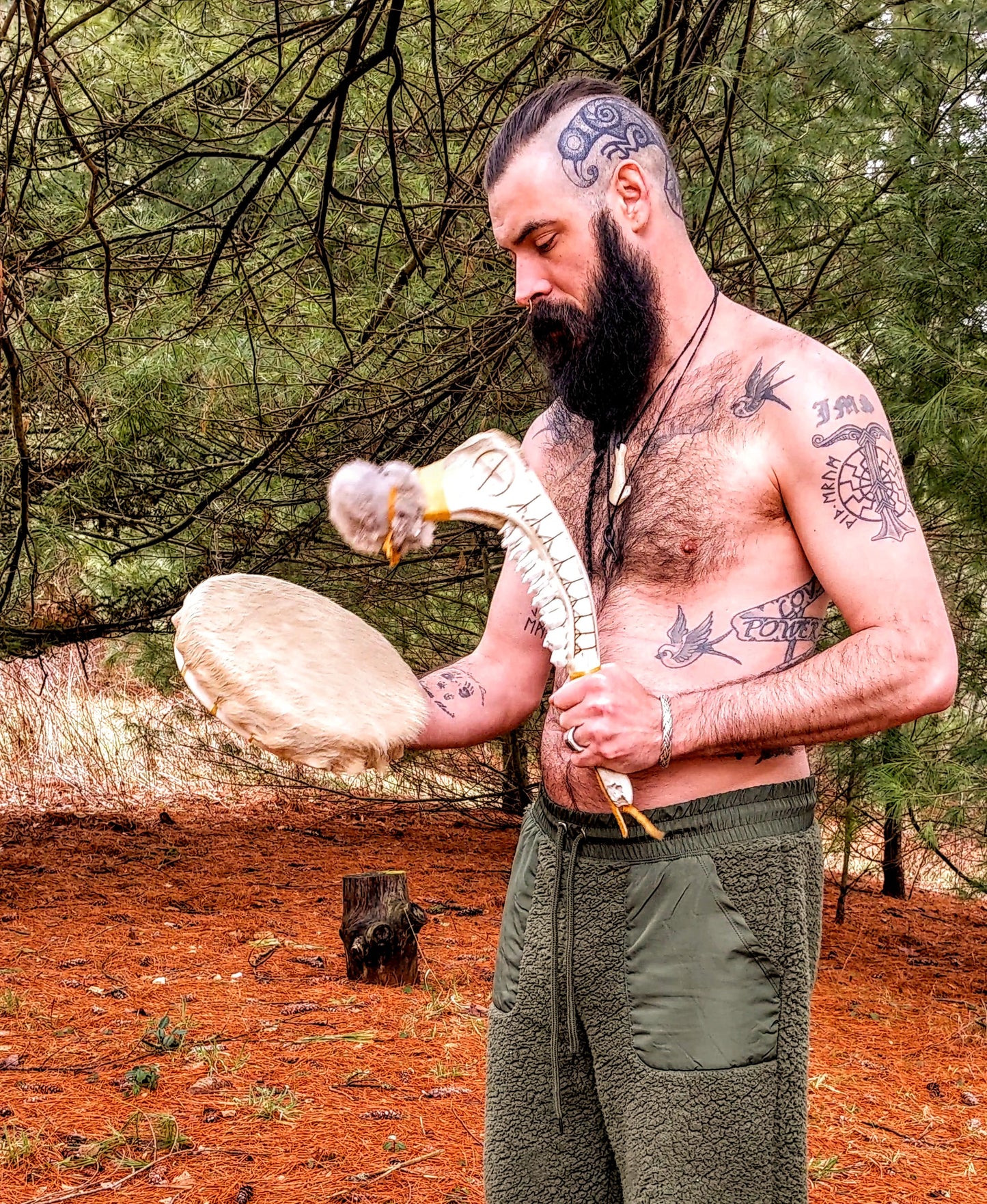Elk Jaw Drum Beater | Rabbit Fur Head | Burned Algiz & Sunwheel