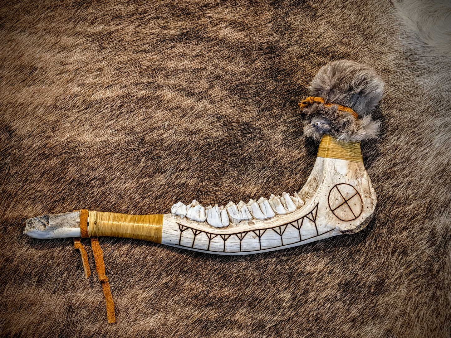 Elk Jaw Drum Beater | Rabbit Fur Head | Burned Algiz & Sunwheel