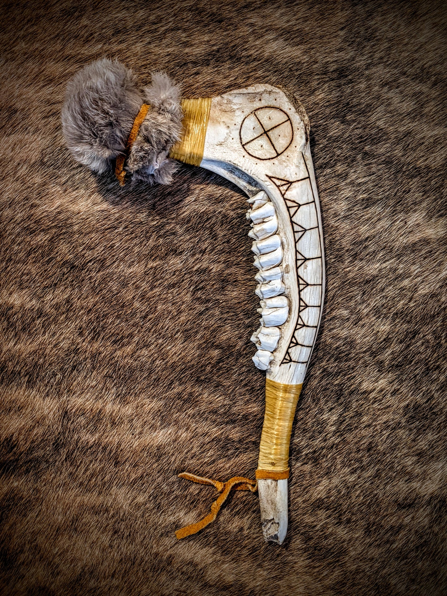 Elk Jaw Drum Beater | Rabbit Fur Head | Burned Algiz & Sunwheel