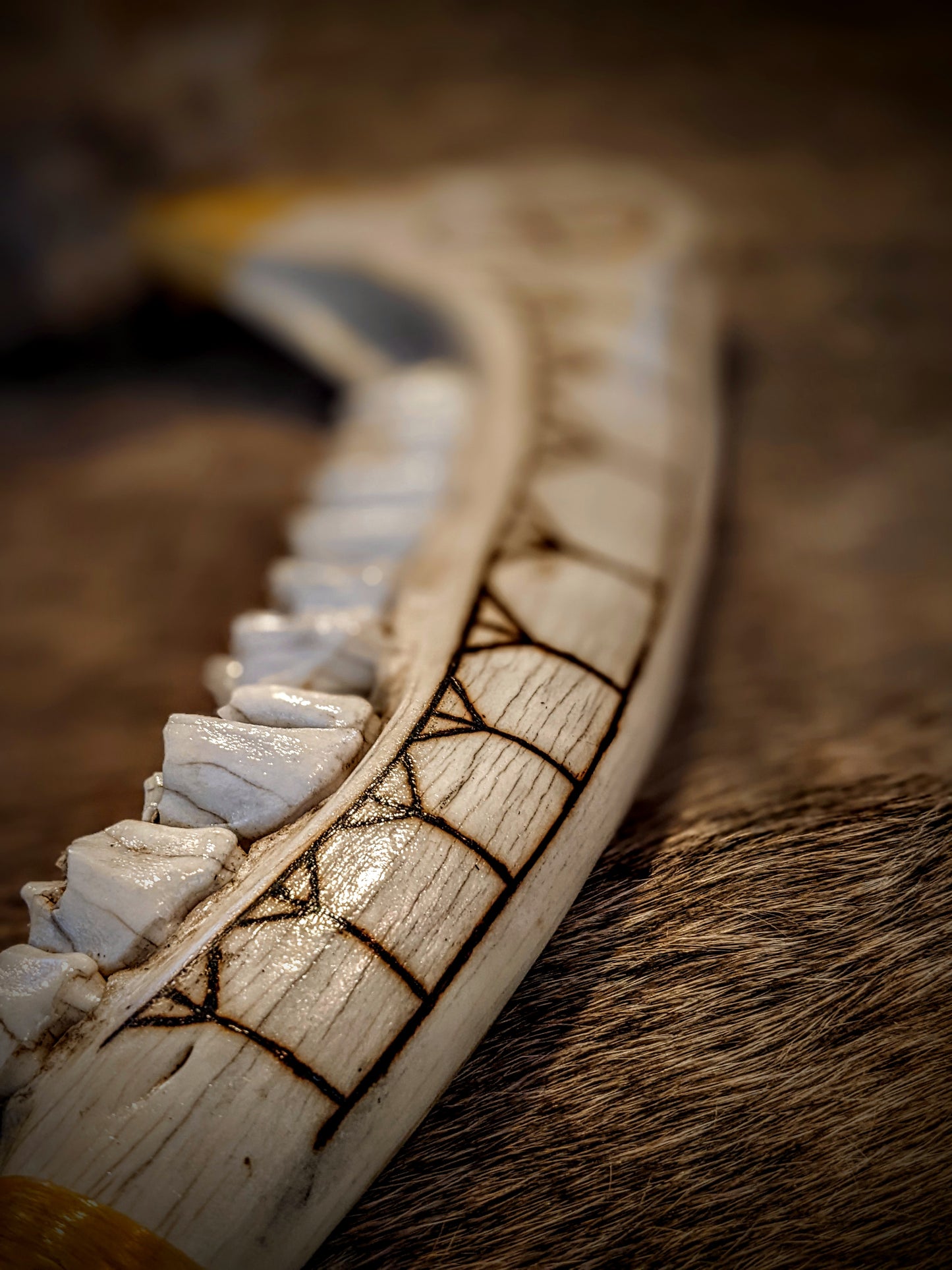 Elk Jaw Drum Beater | Rabbit Fur Head | Burned Algiz & Sunwheel