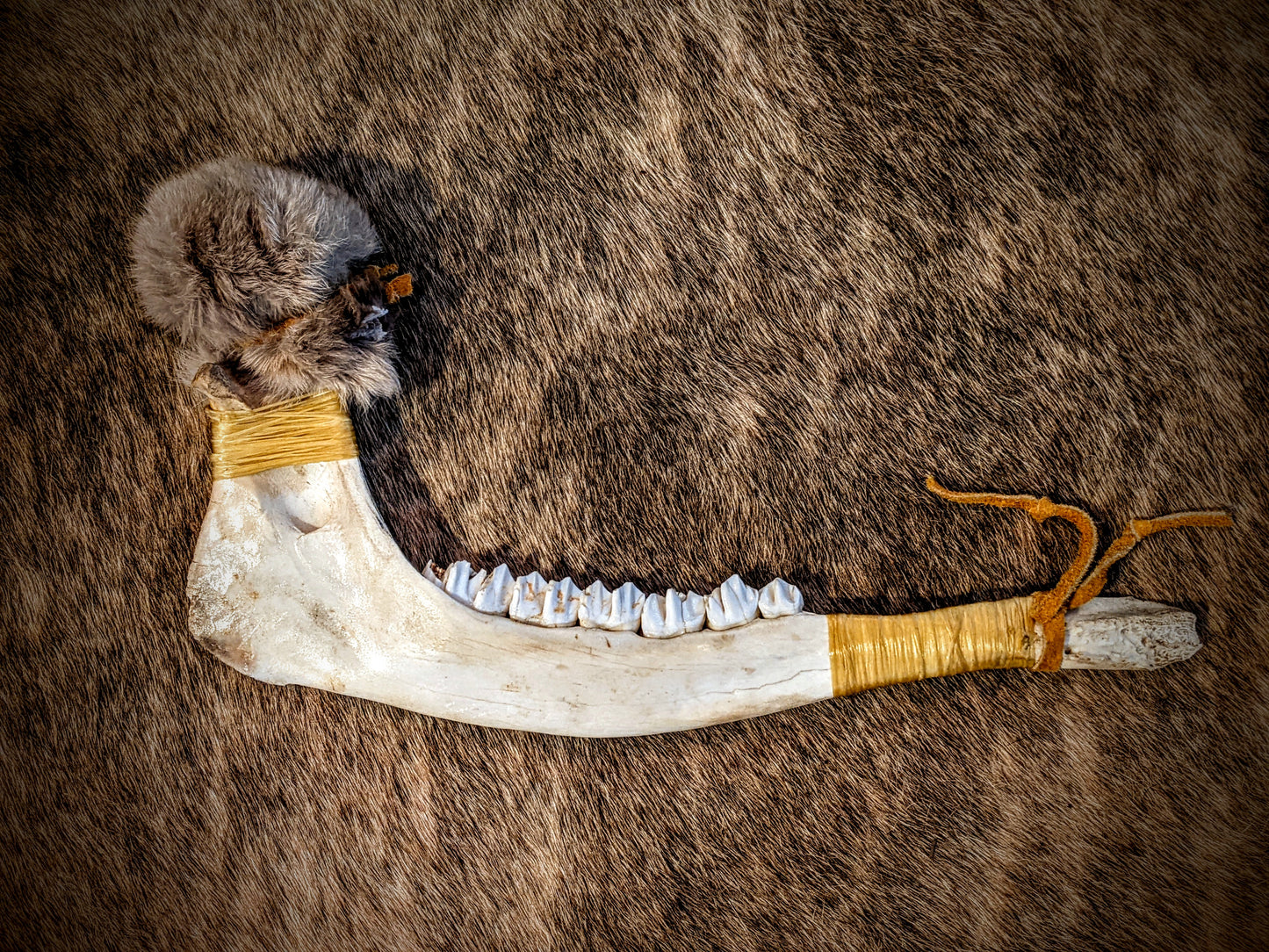 Elk Jaw Drum Beater | Rabbit Fur Head | Burned Algiz & Sunwheel