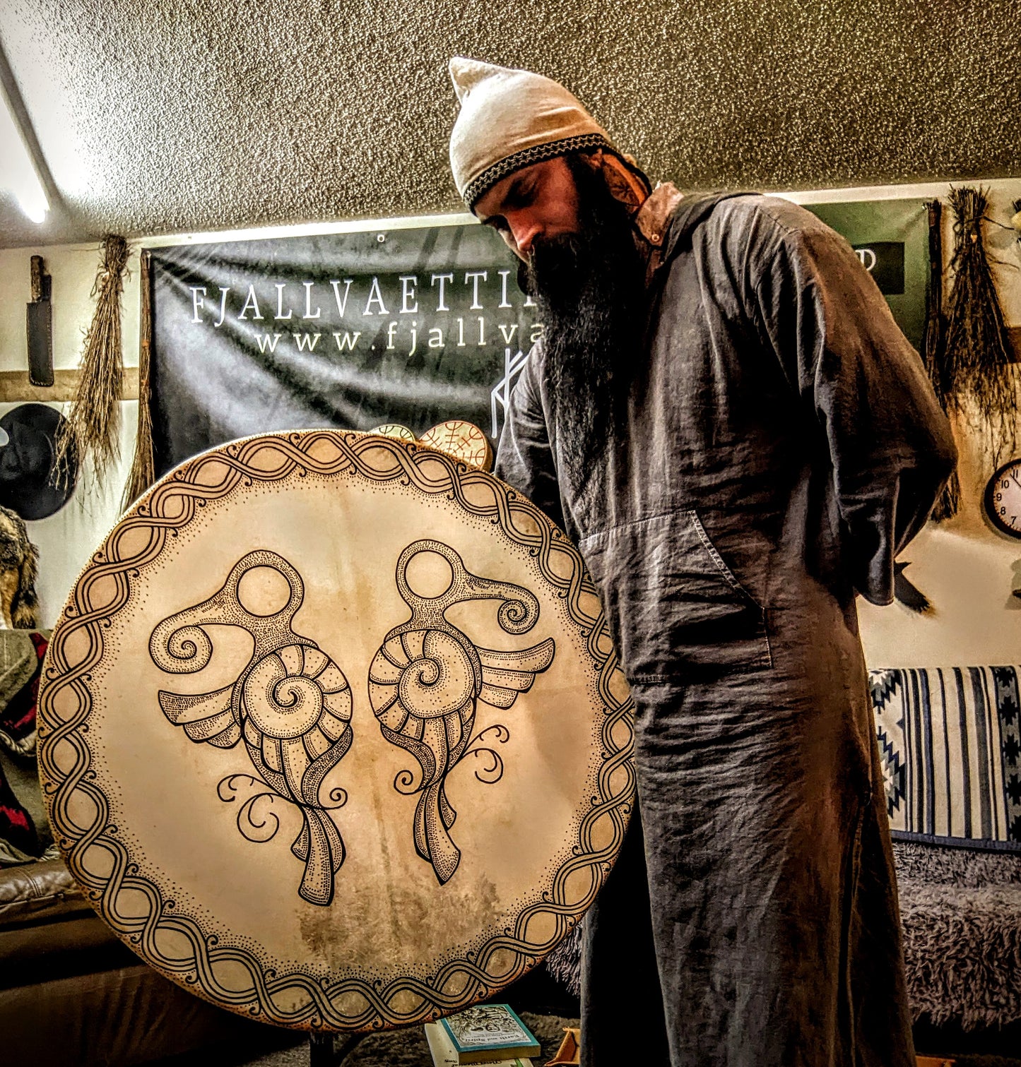 30 Inch Goat Hide Hugin Munin Raven Drum | Pre-Viking Age Art | Norse Pagan Shaman Drum