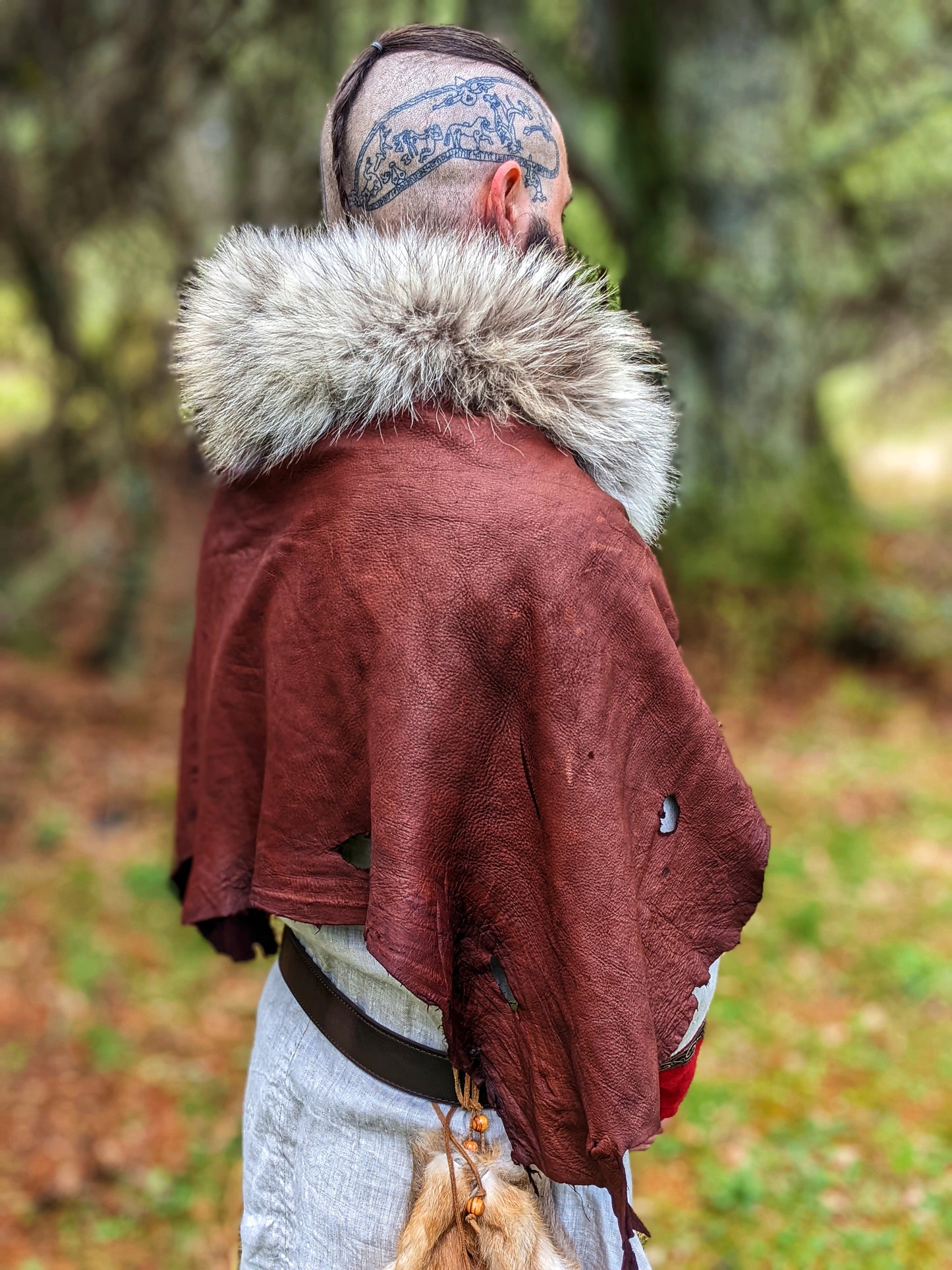 Wolf Fur + Buckskin Leather Cape | Antler Reinforced Stitching