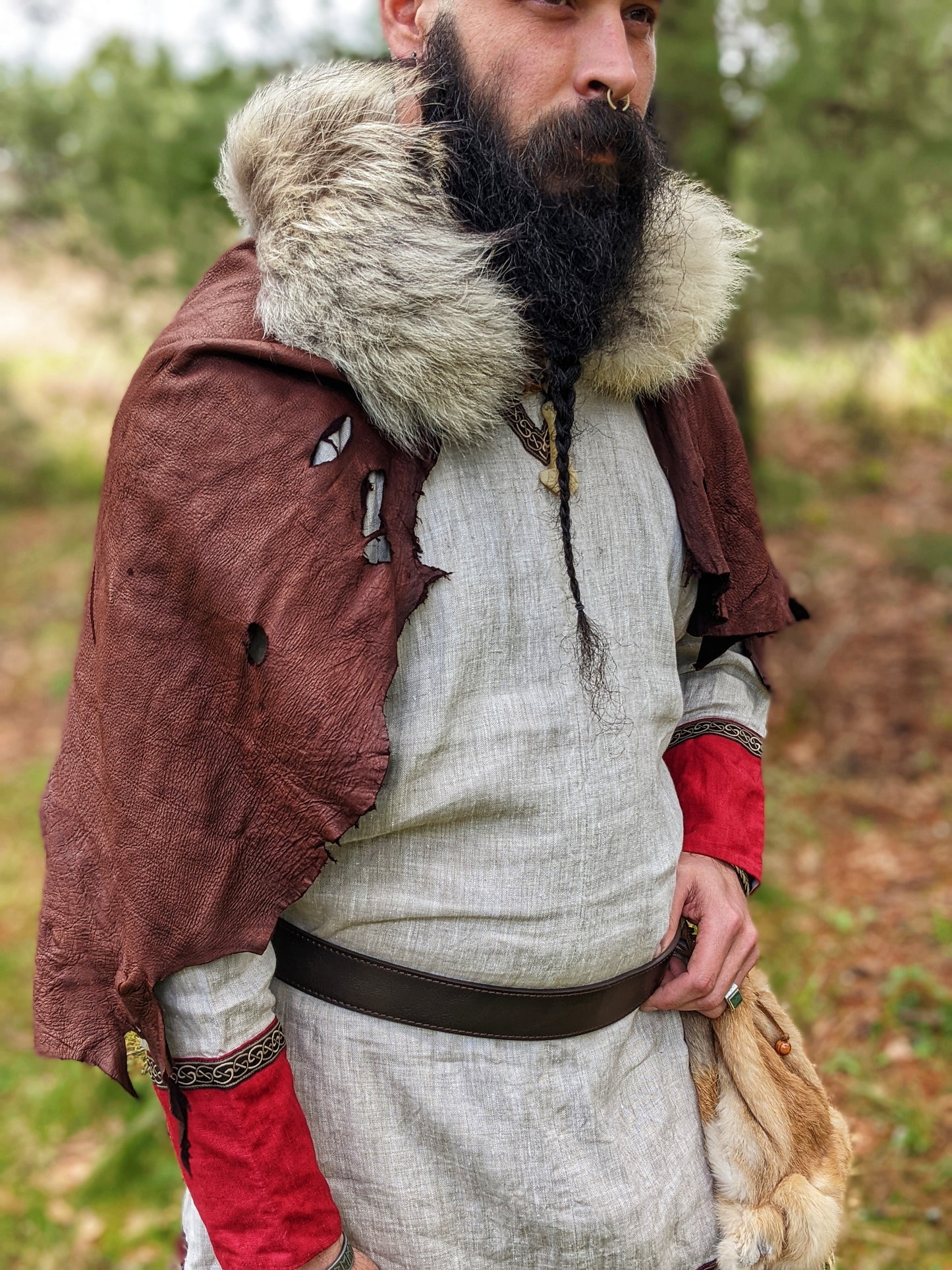 Wolf Fur + Buckskin Leather Cape | Antler Reinforced Stitching