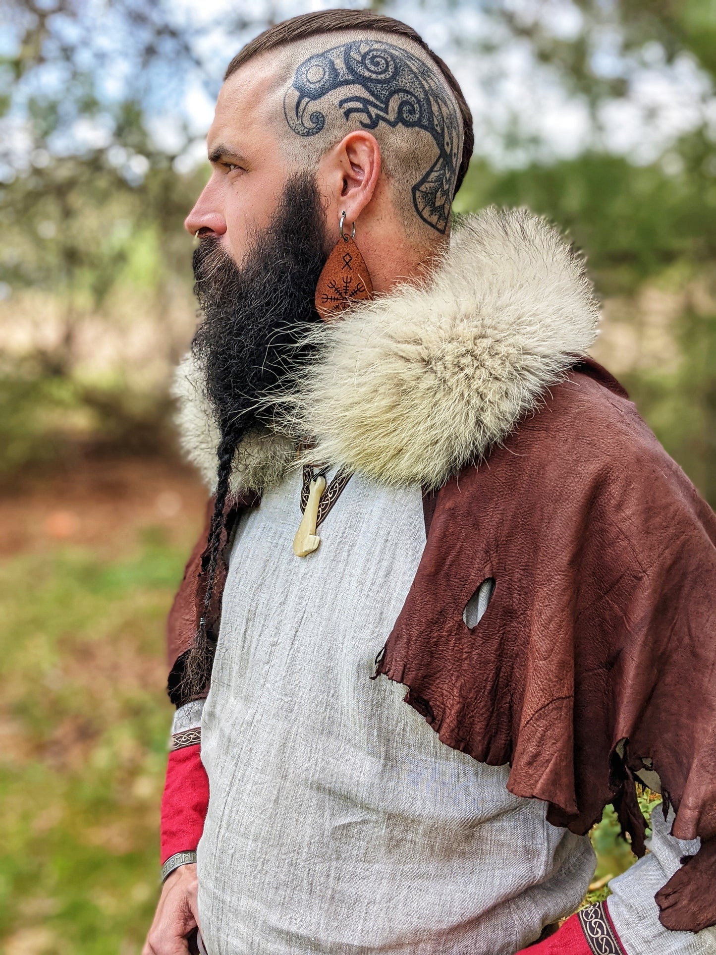 Wolf Fur + Buckskin Leather Cape | Antler Reinforced Stitching