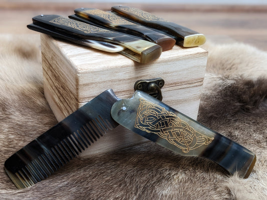 Ox Horn Runestone Folding Pocket Beard Comb | Horn Beard Comb | Viking Comb
