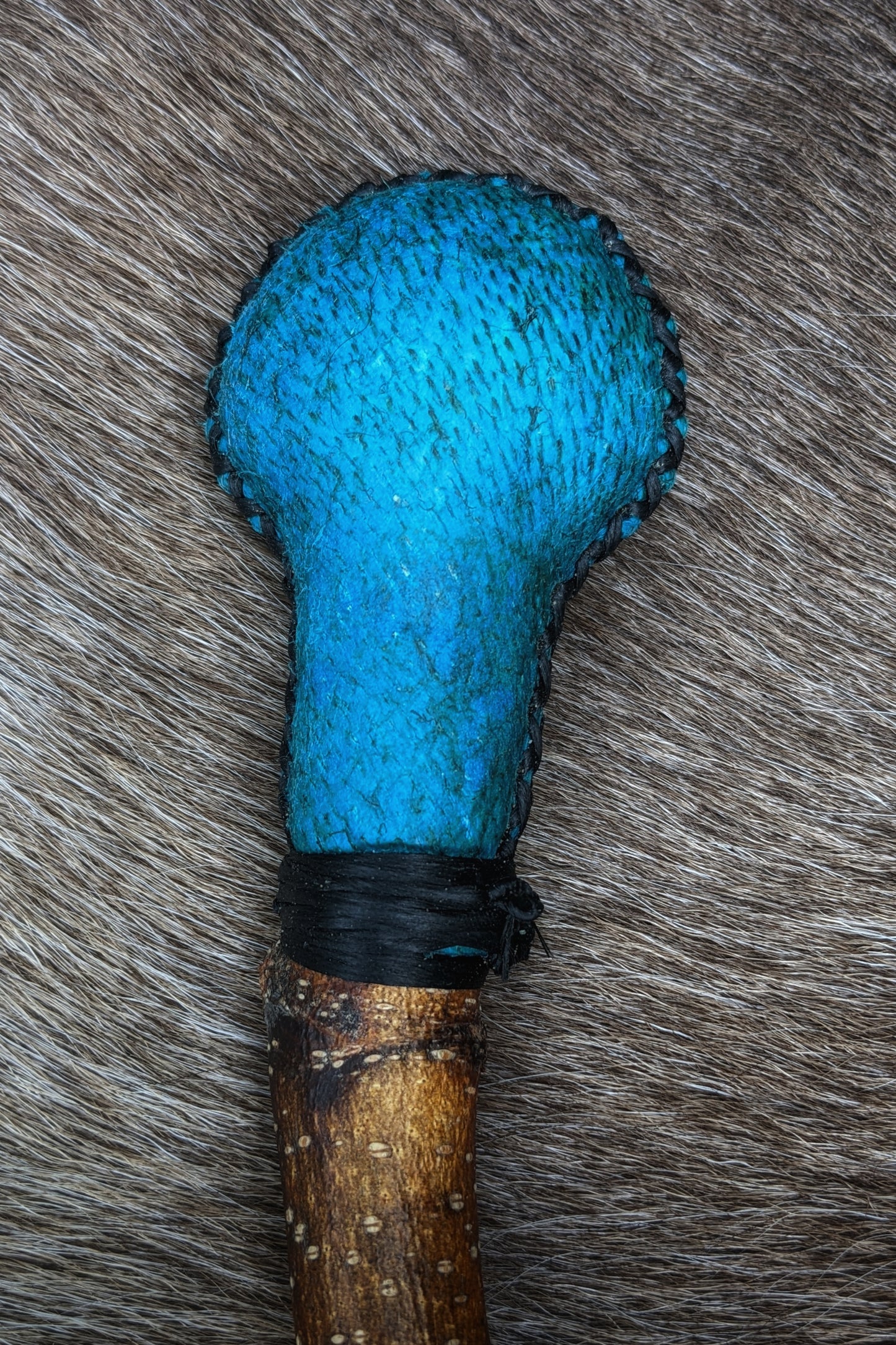Dyed Bear Hide Shaman Rattle | Black Sinew Wrap | Alder Wood Handle