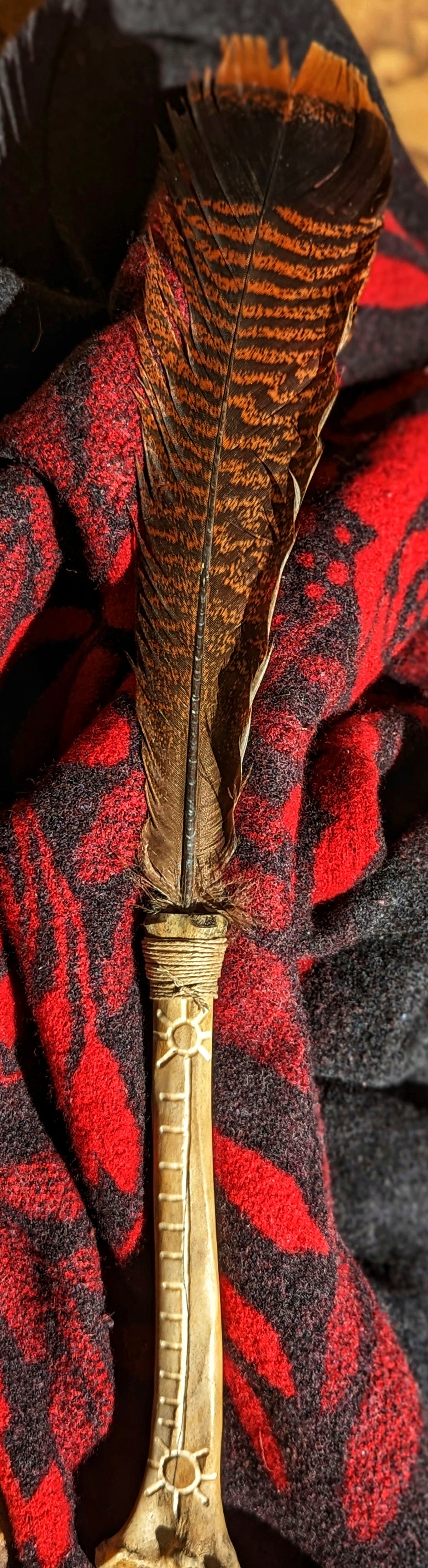Bone Rattle Engraved Large Feather Smoke Wand