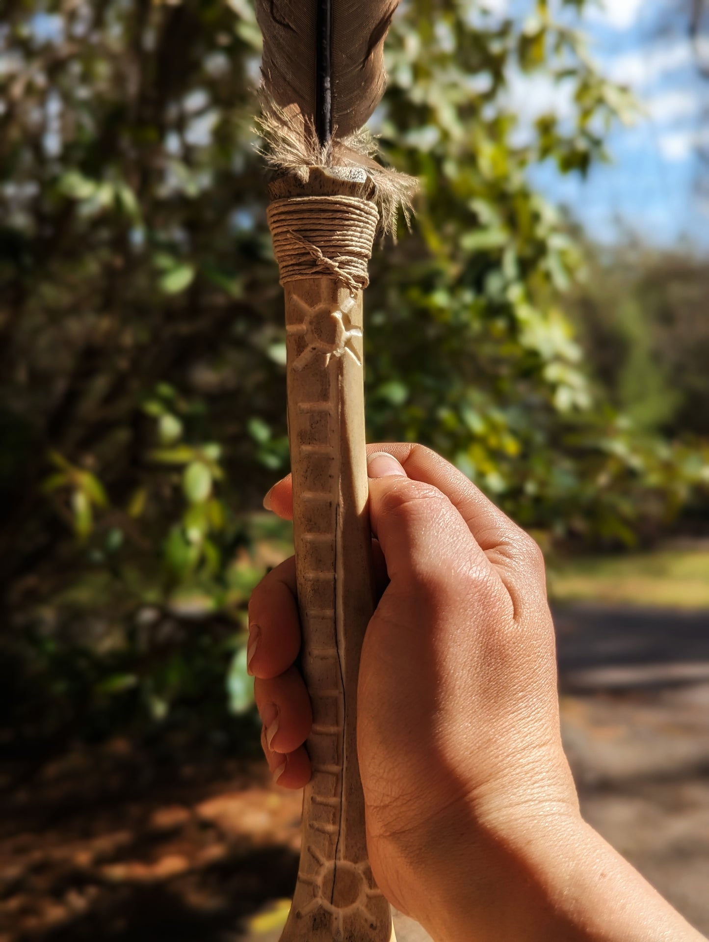 Bone Rattle Engraved Large Feather Smoke Wand