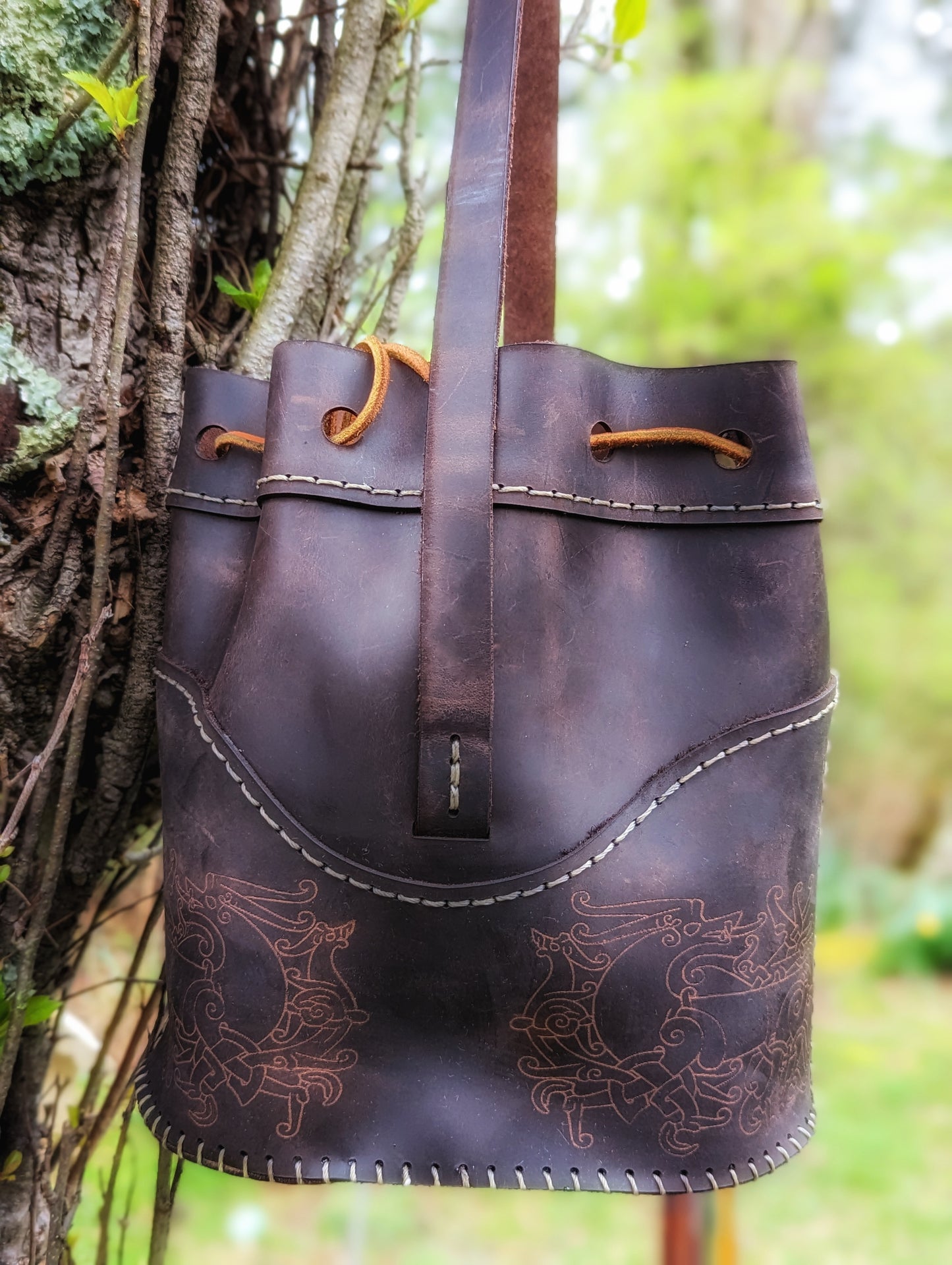 Oiled Leather Norse Dragon Bucket Bag