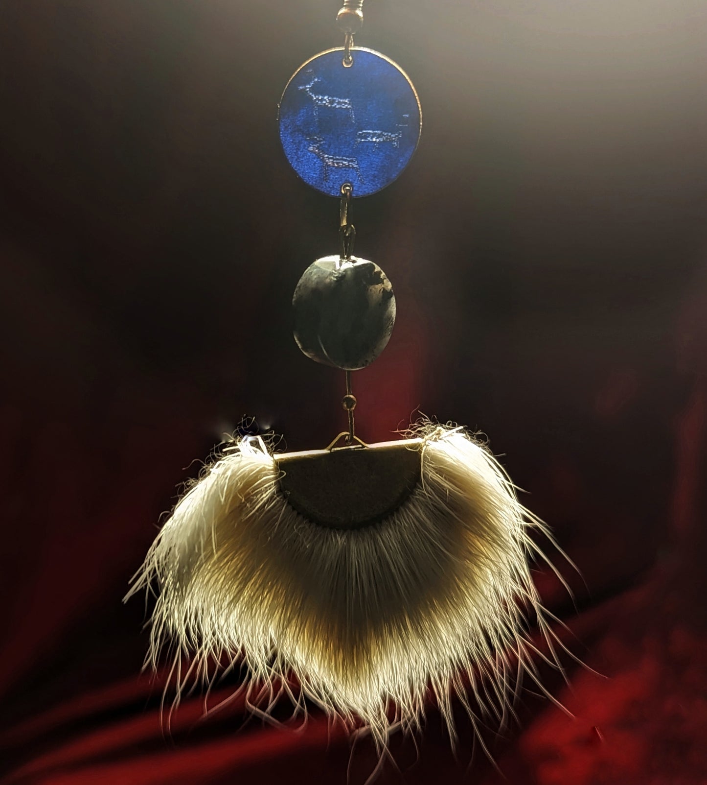 Reindeer Hide And Fur Earrings With Larvikite