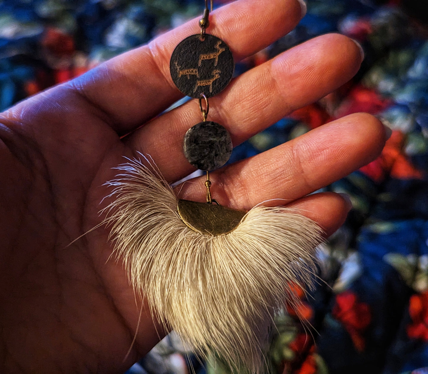 Reindeer Hide And Fur Earrings With Larvikite