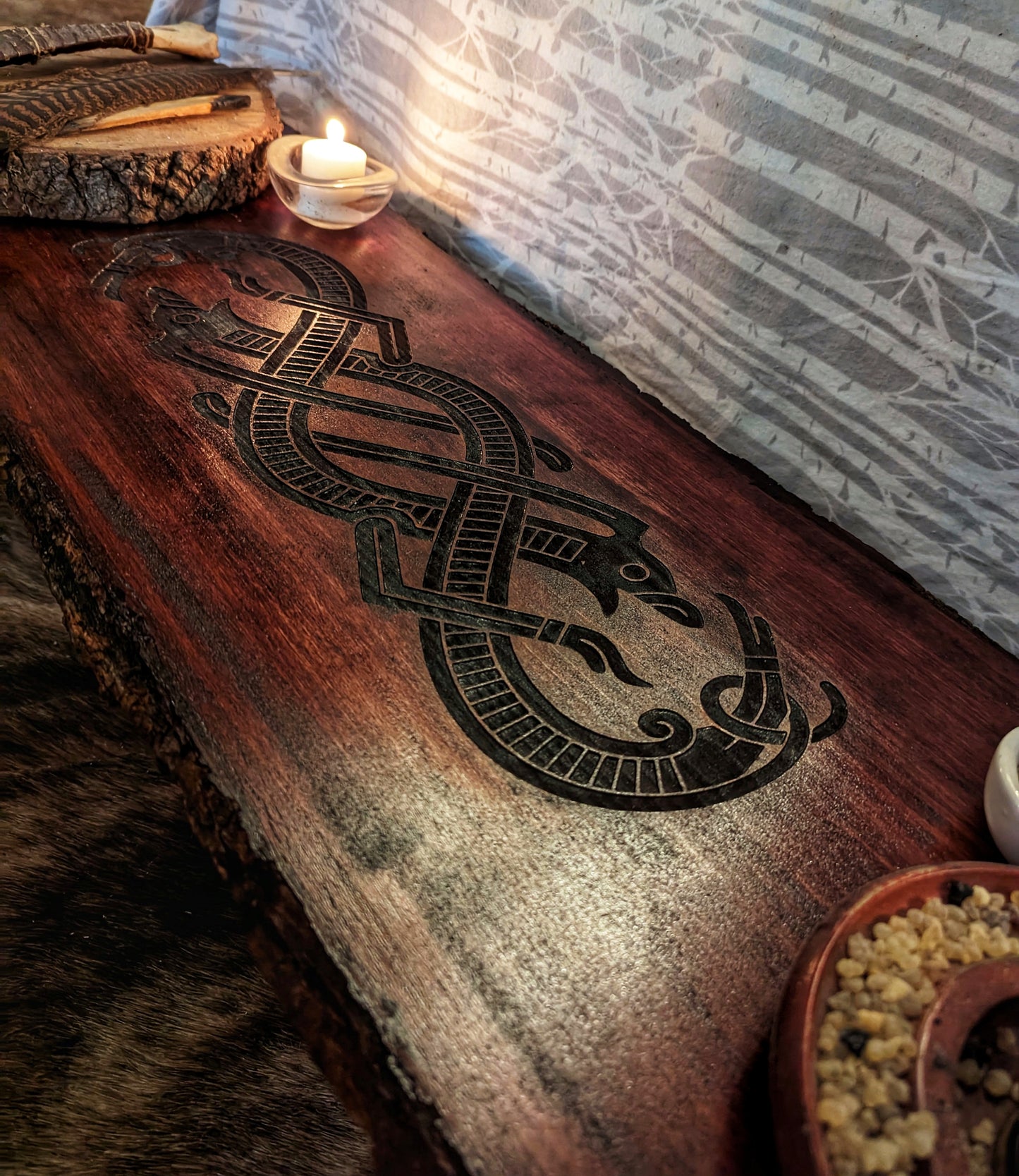Jelling Runestone Dragon Live Edge Altar Table