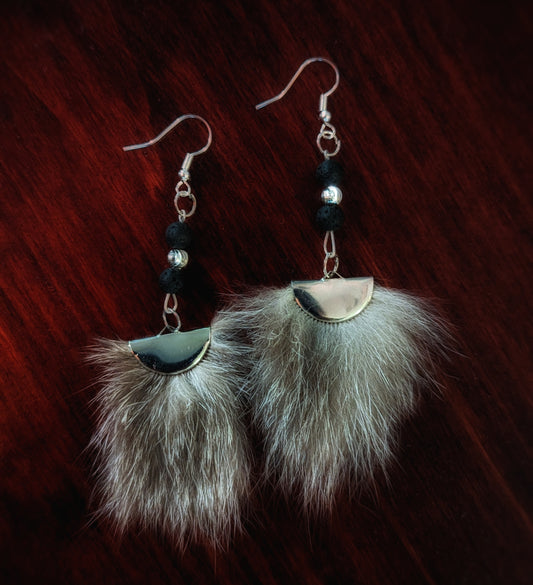 Silver, Silver Fox Fur, Lava Bead Earrings