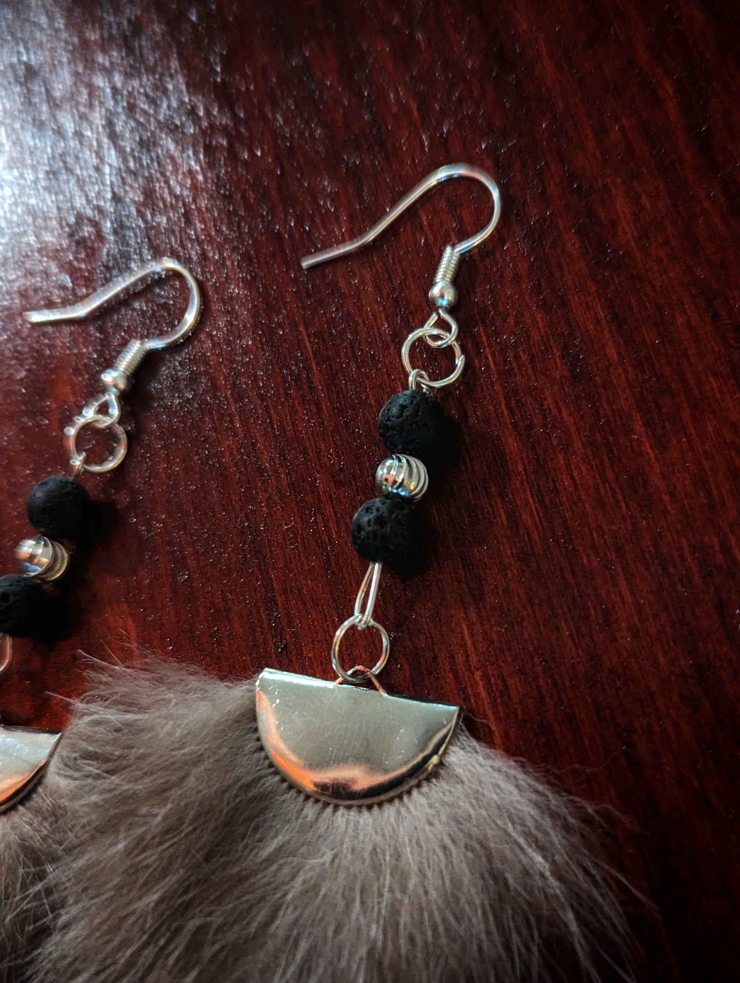 Silver, Silver Fox Fur, Lava Bead Earrings