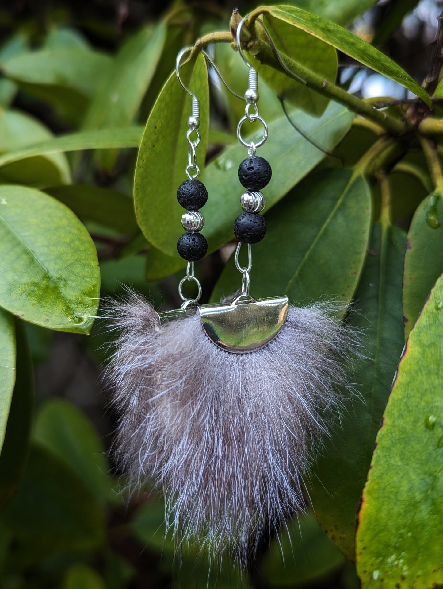 Silver, Silver Fox Fur, Lava Bead Earrings