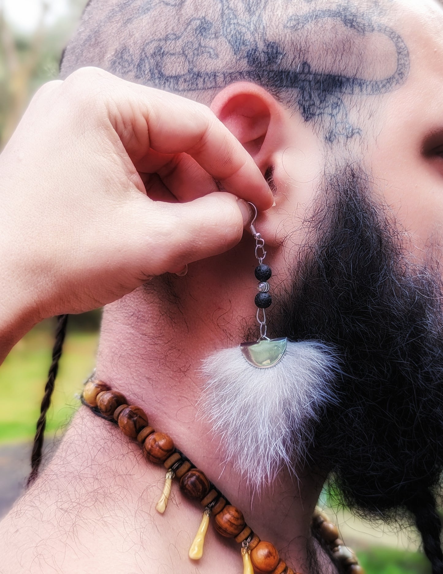Silver, Silver Fox Fur, Lava Bead Earrings