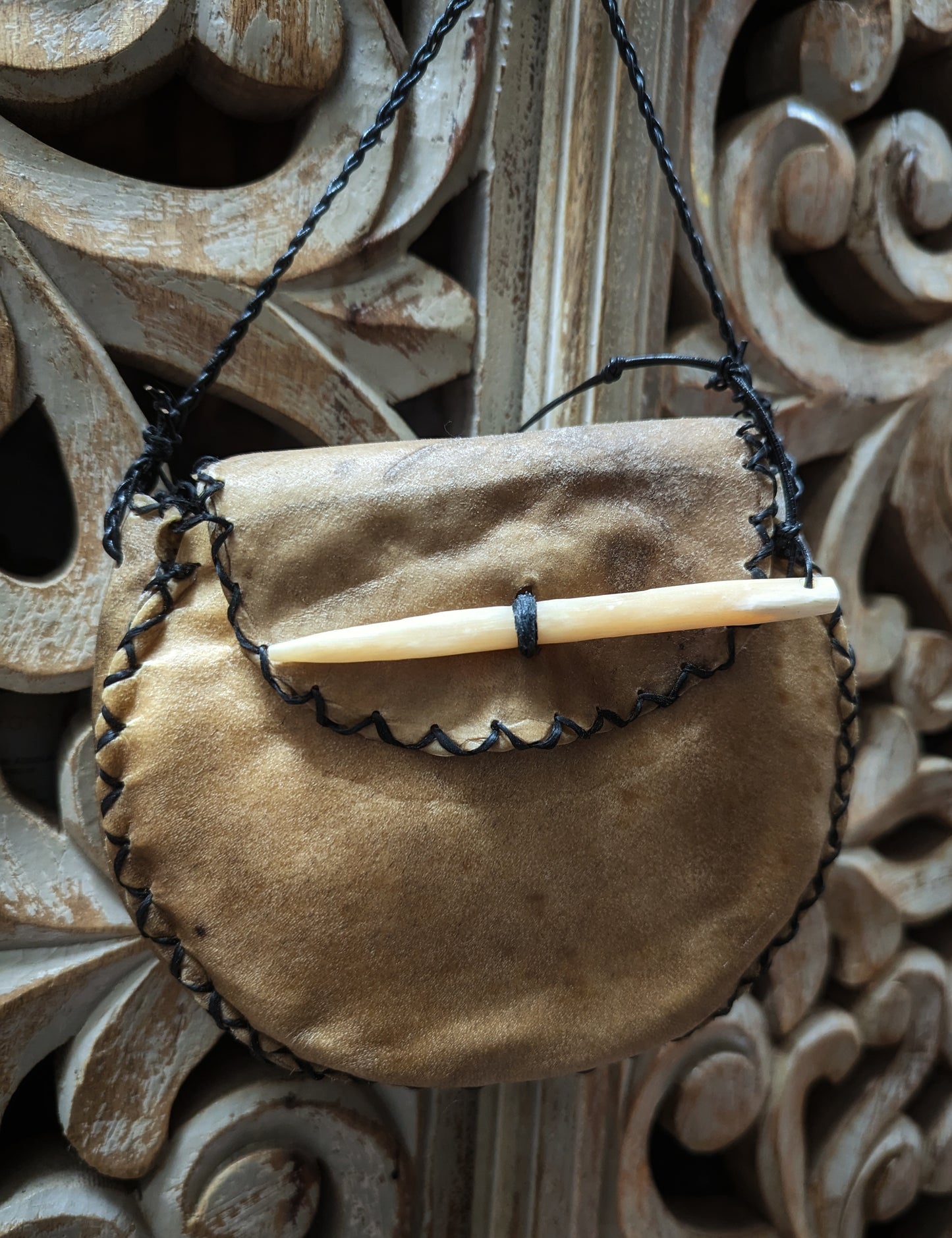 Elk Hide Purse With Elk Bone Closure and Braided Leather Cord