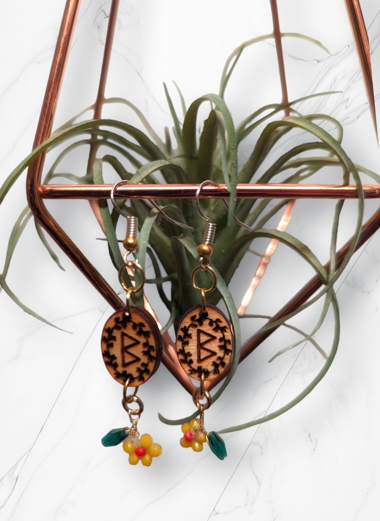 Berkana Rune Birch & Glass Bead Flower Earrings