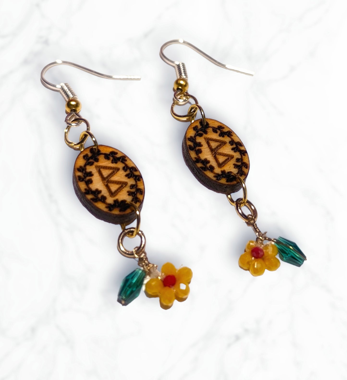 Berkana Rune Birch & Glass Bead Flower Earrings