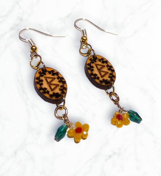 Berkana Rune Birch & Glass Bead Flower Earrings
