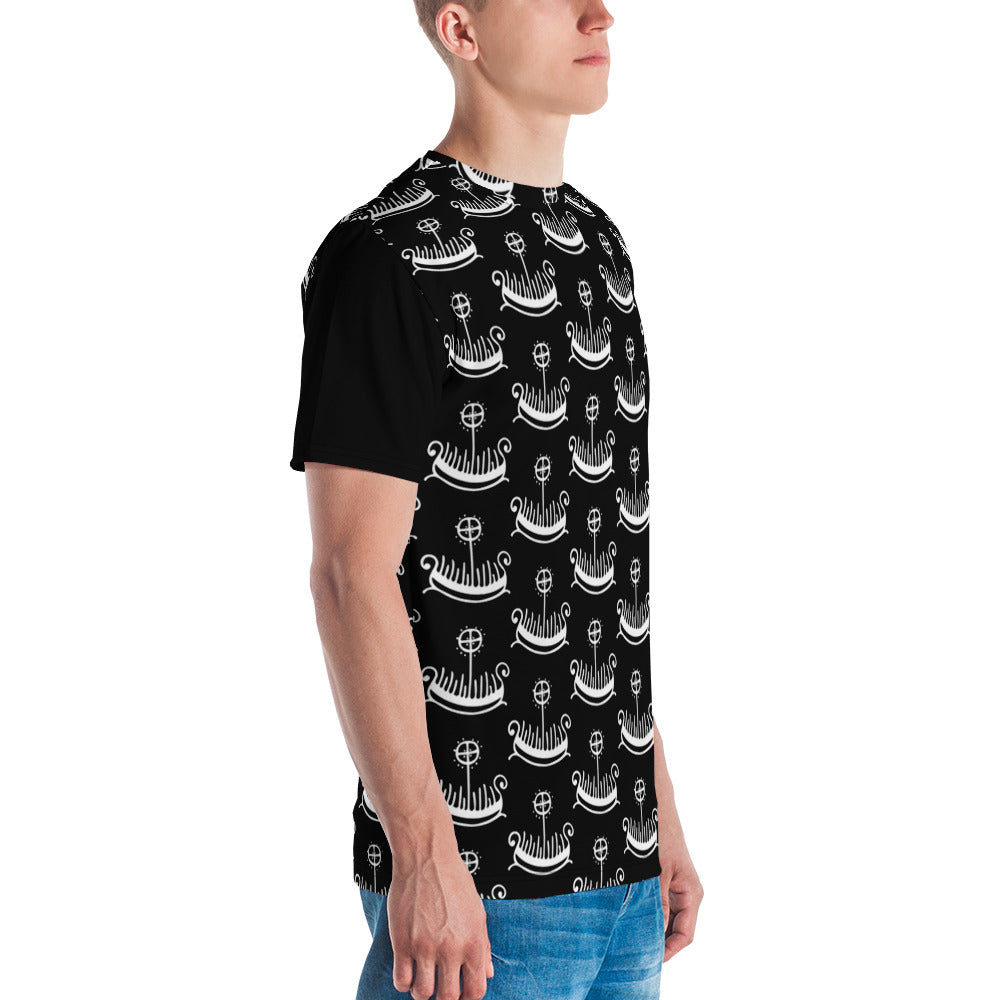 All Over Print Viking Ship Sunwheel Primitive Norse Art Black T-Shirt Unisex