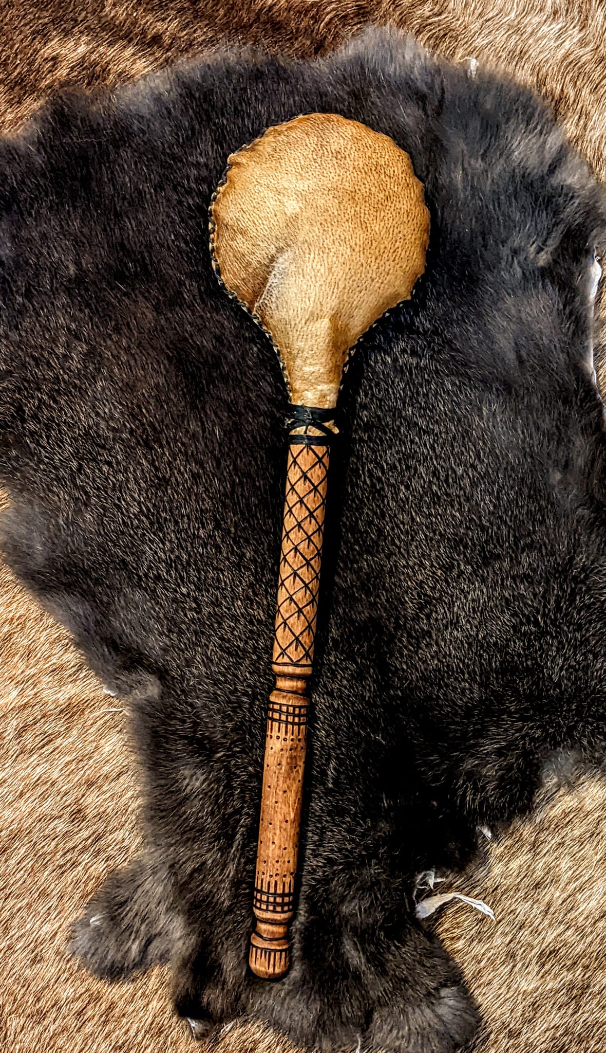 Bear Hide Shaman Rattle | Burned Design Handle | Hand Sewn | Black Sinew Stitching