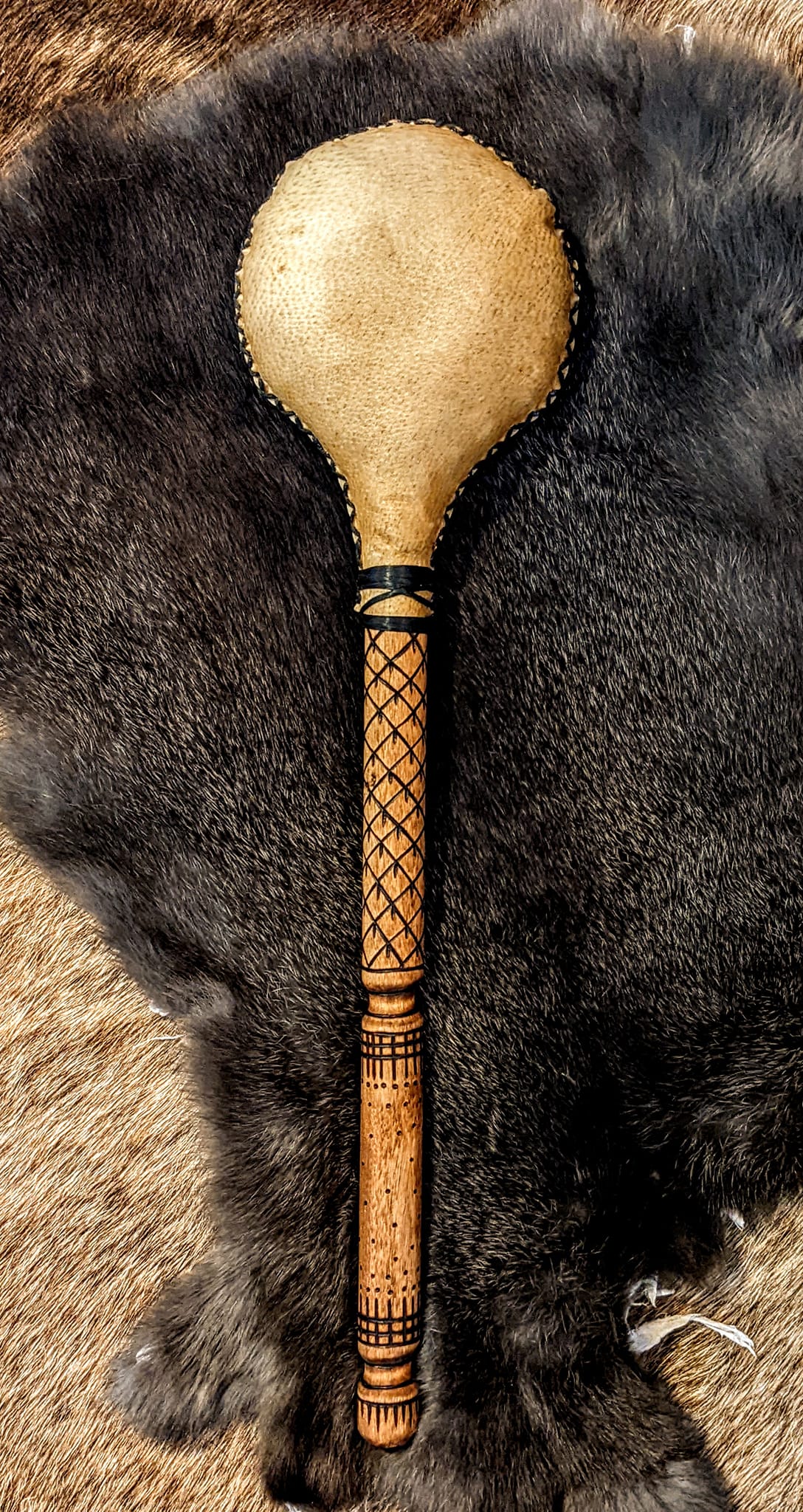 Bear Hide Shaman Rattle | Burned Design Handle | Hand Sewn | Black Sinew Stitching