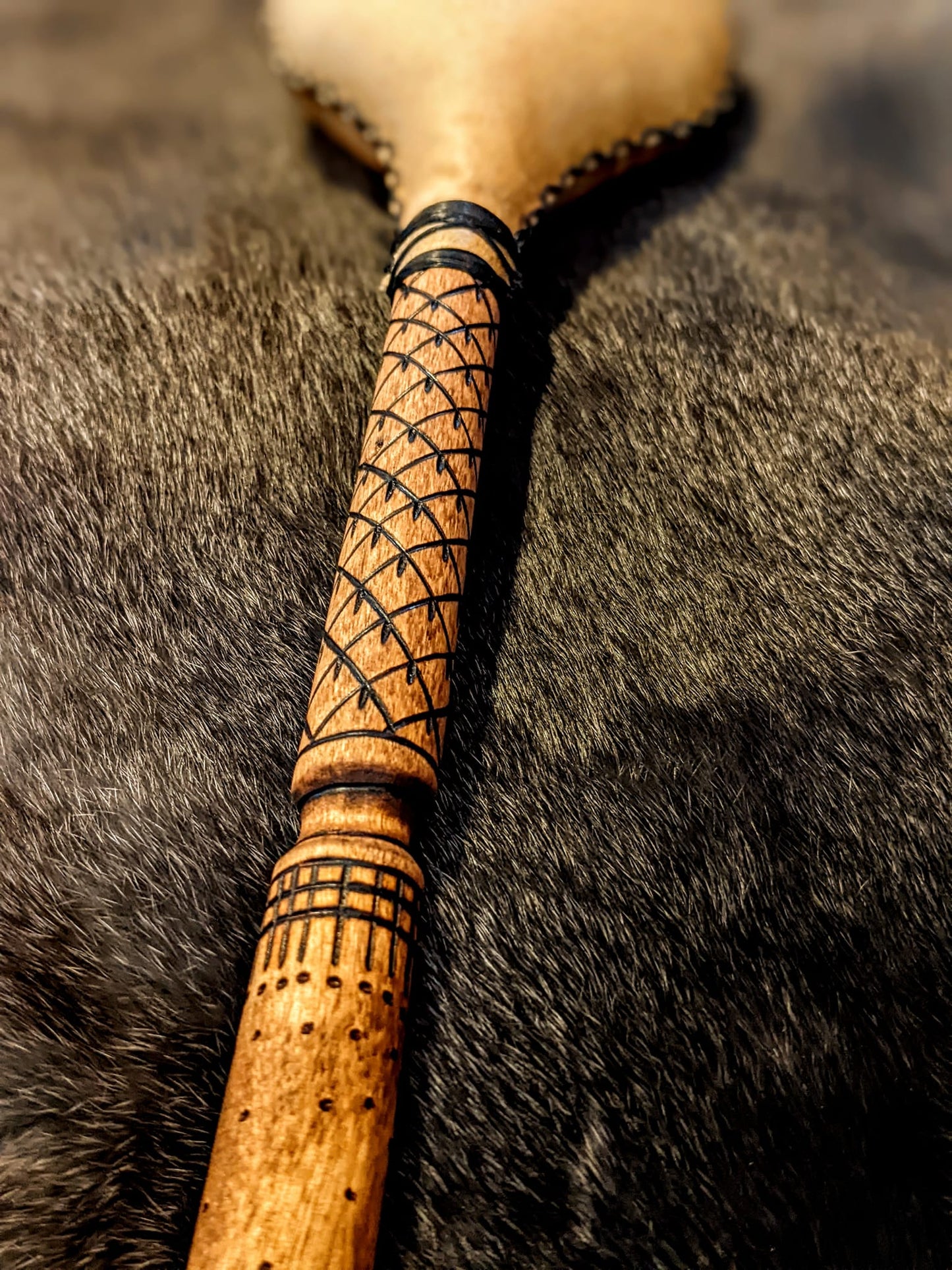 Bear Hide Shaman Rattle | Burned Design Handle | Hand Sewn | Black Sinew Stitching