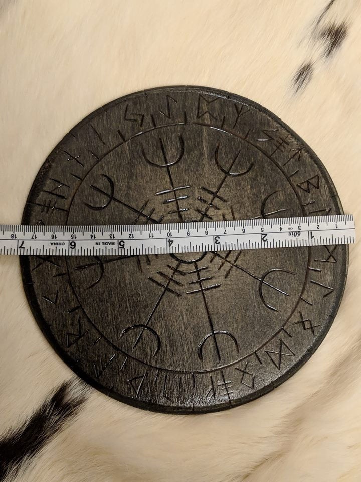 Helm of Awe Heathen Altar Plate Asatru Norse Pagan Decor Wood Elder Futhark Runes