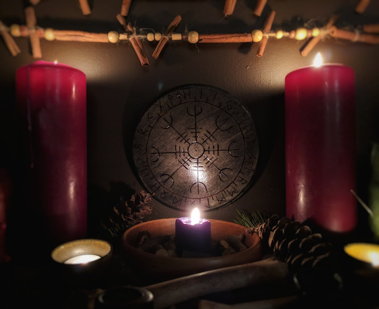 Helm of Awe Heathen Altar Plate Asatru Norse Pagan Decor Wood Elder Futhark Runes