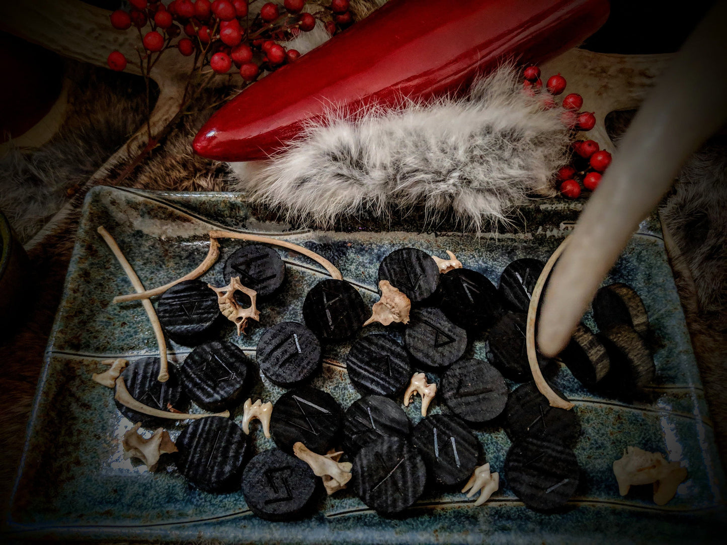 Black Round Wood Rune Set Elder Futhark 24 Runes